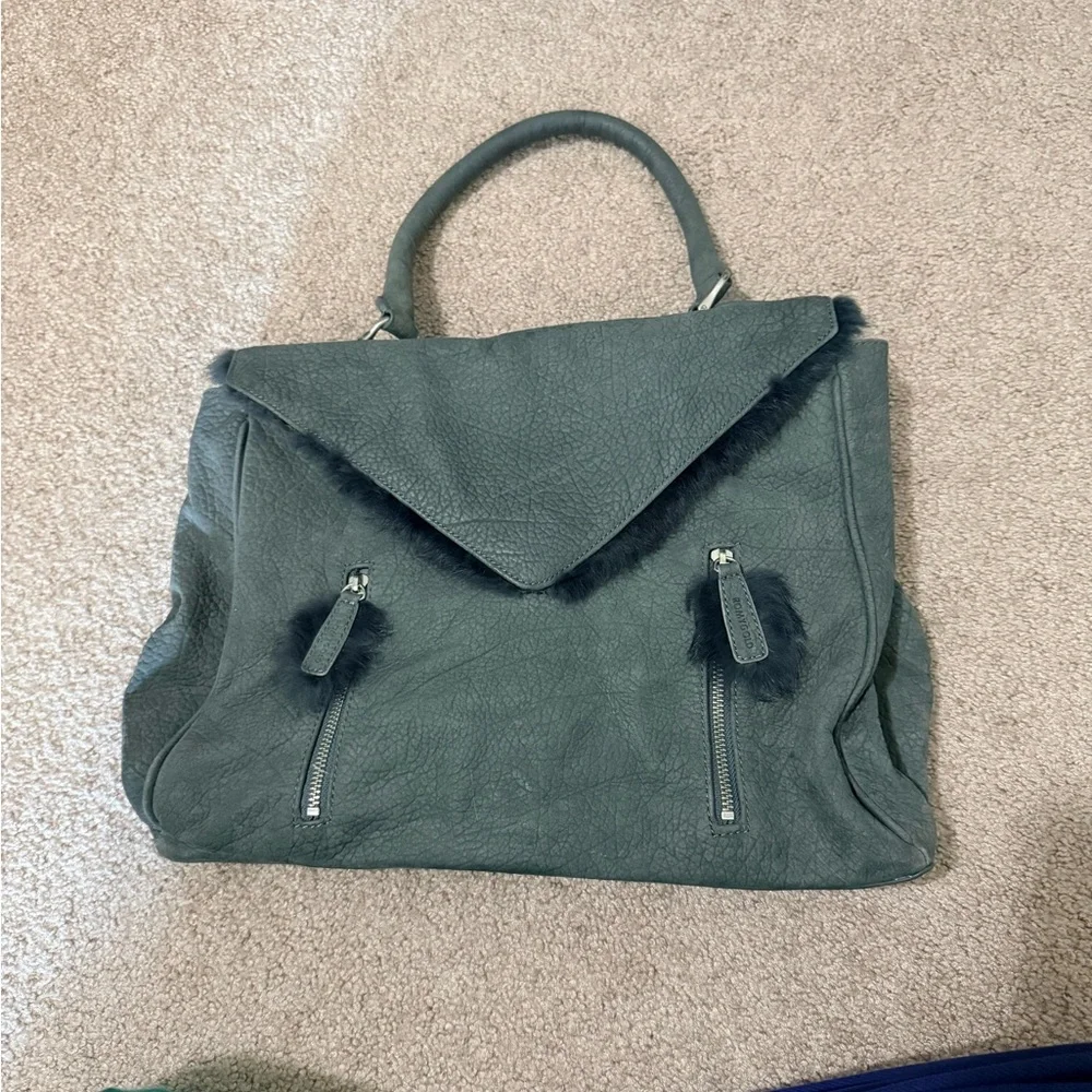 Romy Gold Gray Pebbled Leather Satchel Bag with Fur Trim